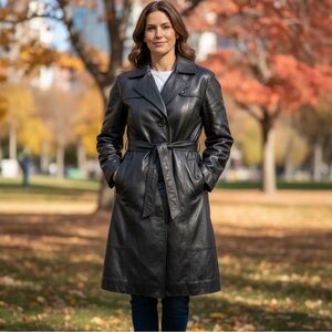 Vintage 90’s Black Leather Trench Coat Women’s  Medium belted patchwork Jacket